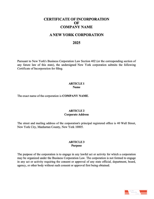 USA New York certificate of incorporation Word and PDF template, version 2